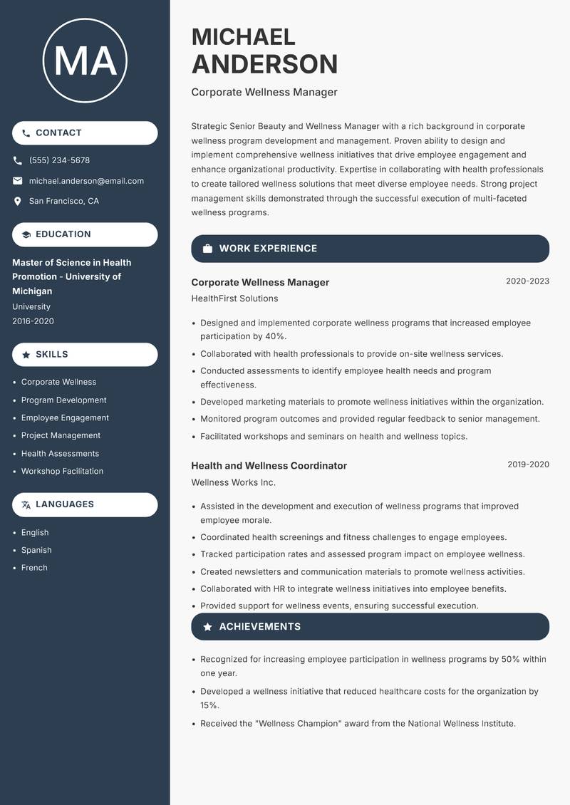 Senior Beauty and Wellness Manager resume template — Compact