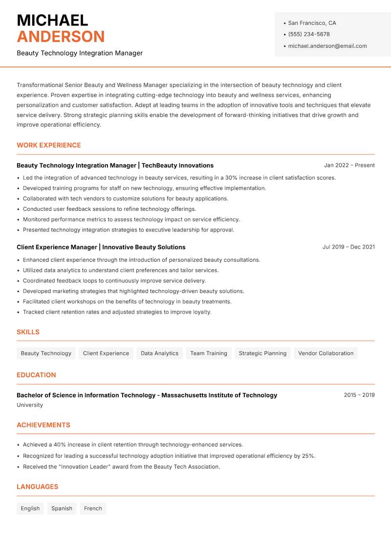 Senior Beauty and Wellness Manager resume template — Modern Professional