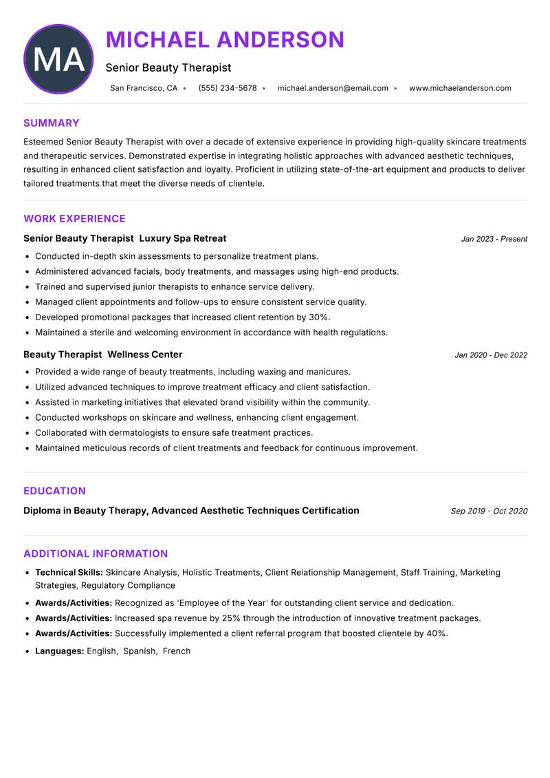 Senior Beauty Therapist resume example — ATS-friendly template