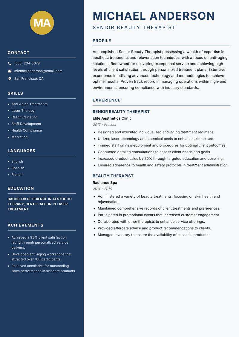 Senior Beauty Therapist resume template — Classic Clean