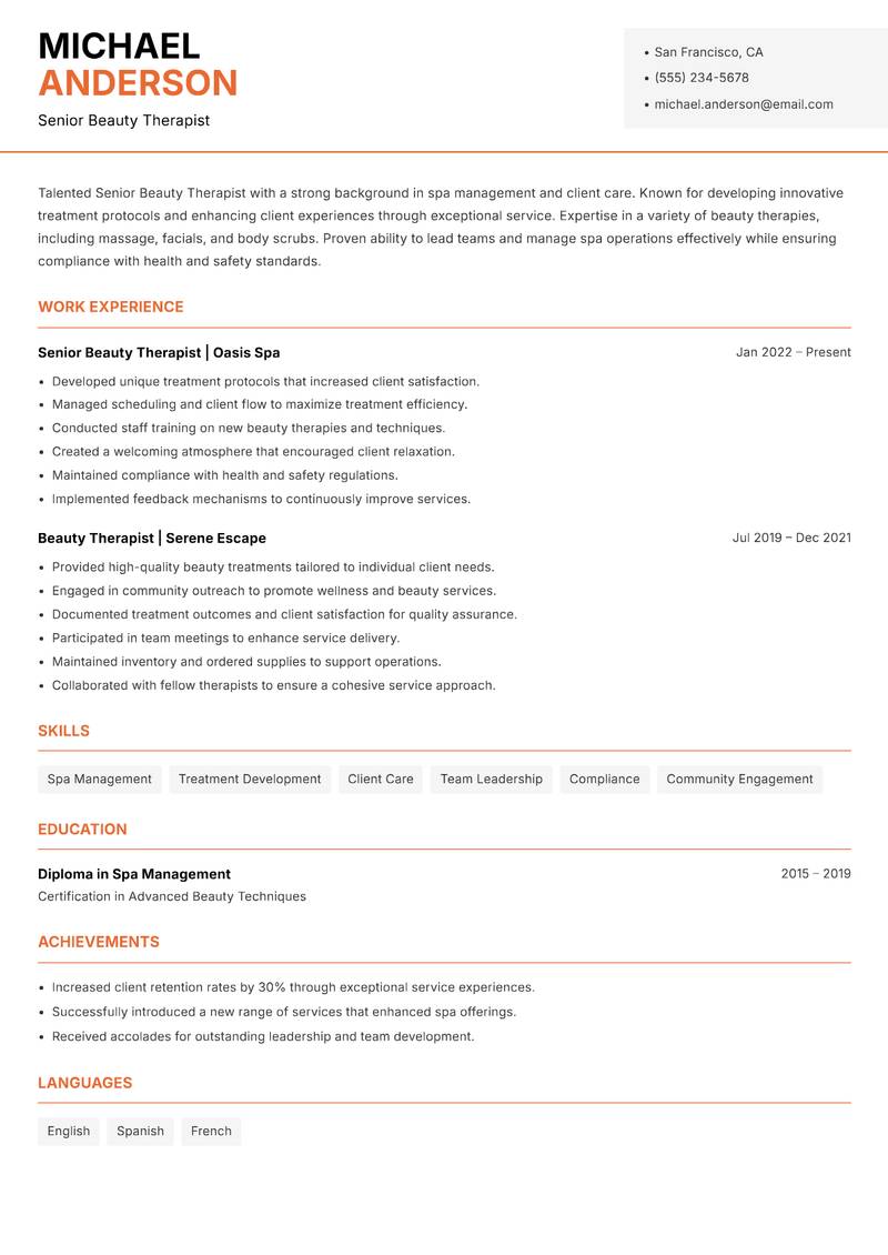 Senior Beauty Therapist resume template — Modern Professional