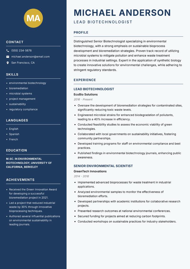 Senior Biotechnologist resume template — Classic Clean