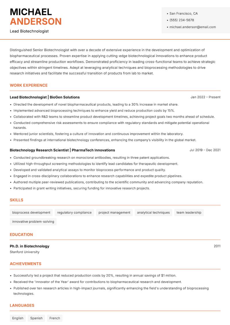 Senior Biotechnologist resume template — Modern Professional