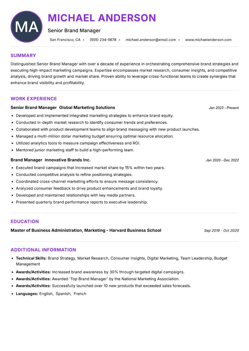 Senior Brand Manager resume example — ATS-friendly template