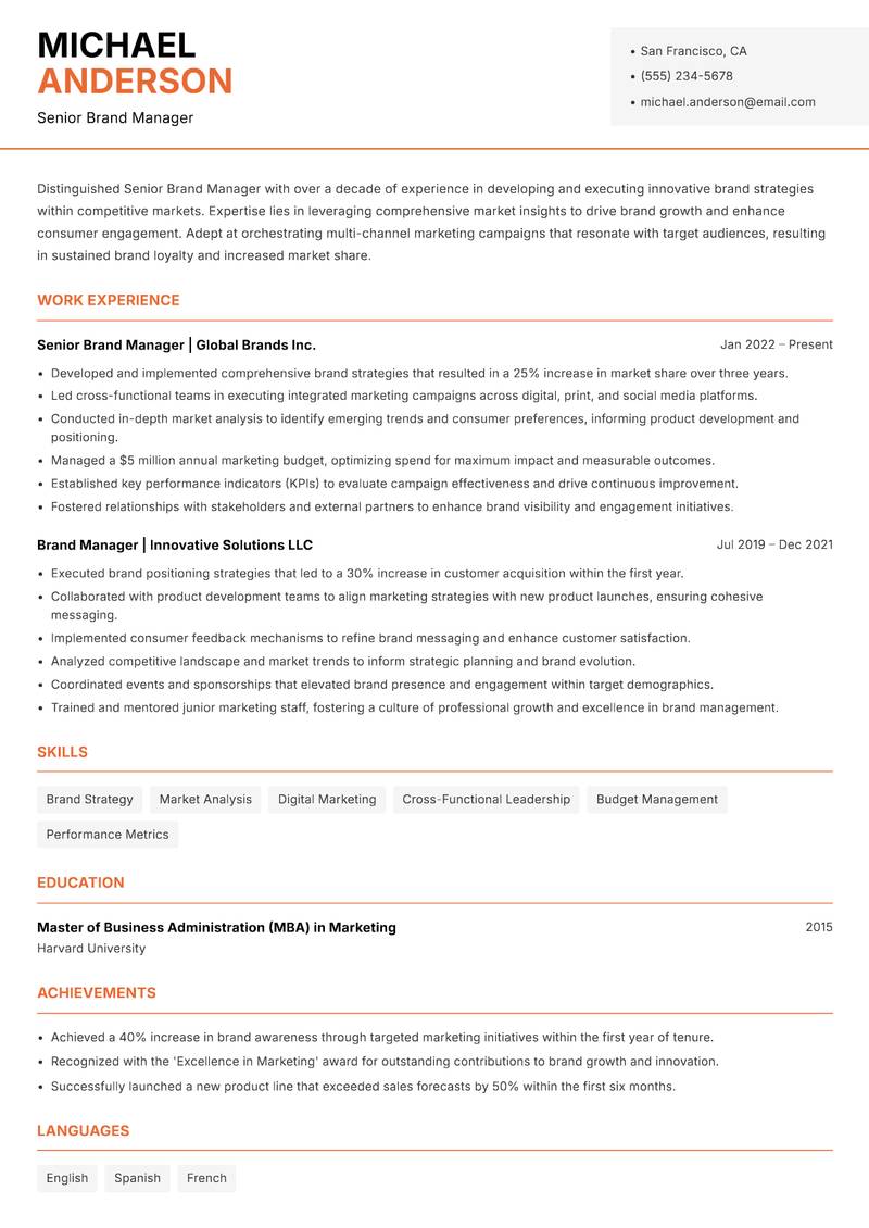 Senior Brand Manager resume template — Modern Professional