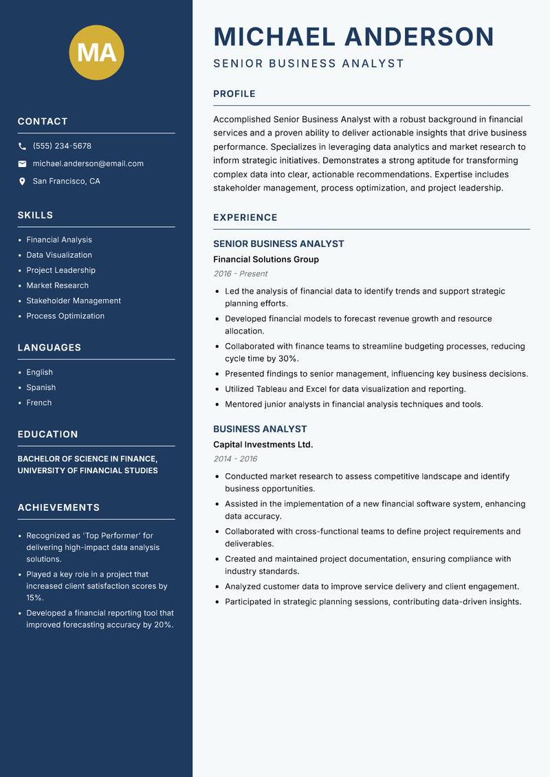 Senior Business Analyst resume template — Classic Clean