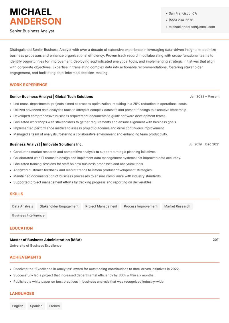 Senior Business Analyst resume template — Modern Professional