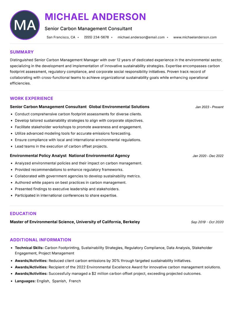 Senior Carbon Management Manager resume example — ATS-friendly template