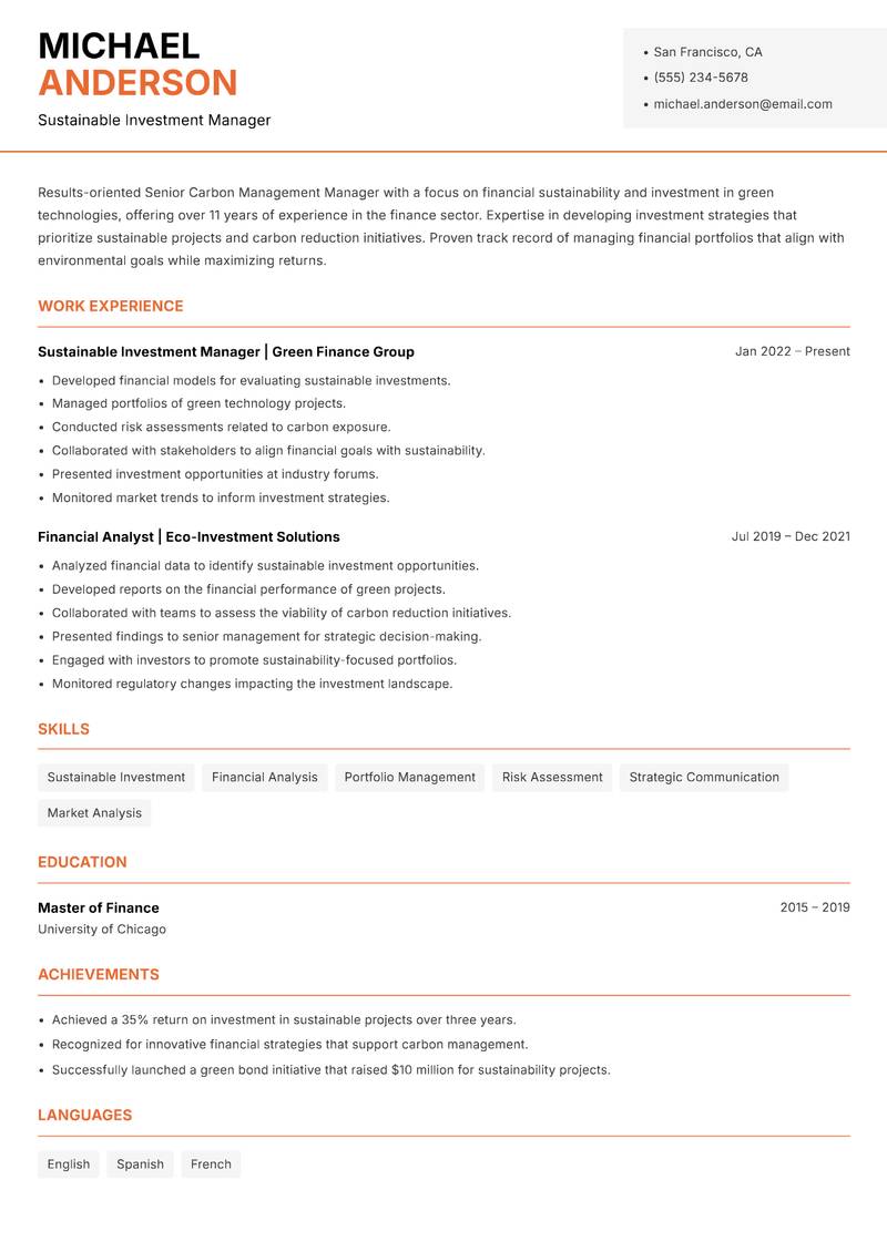 Senior Carbon Management Manager resume template — Modern Professional