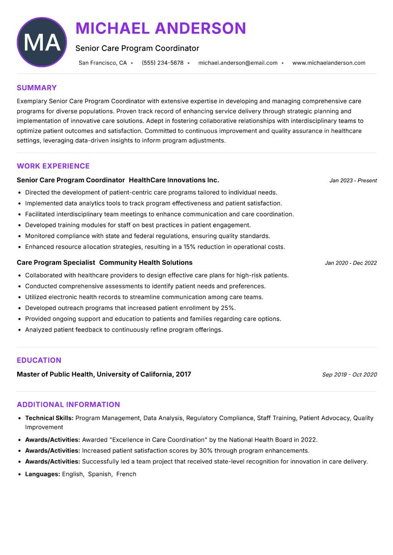 Senior Care Program Coordinator resume example — ATS-friendly template