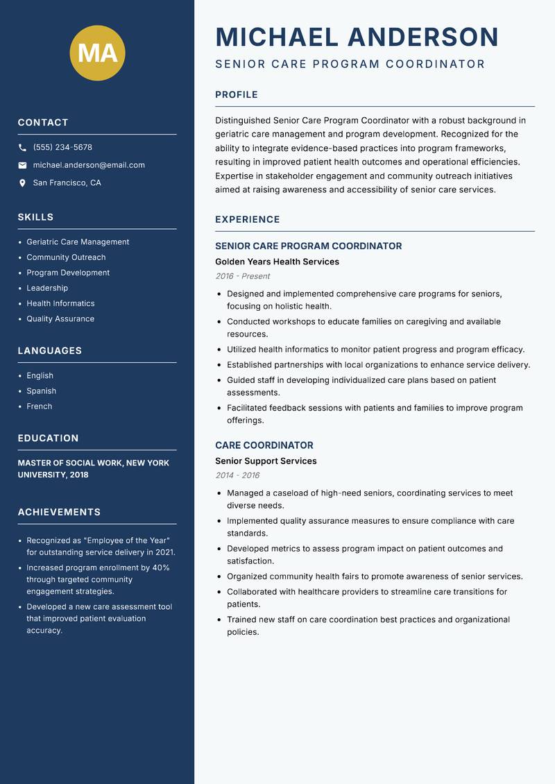 Senior Care Program Coordinator resume template — Classic Clean