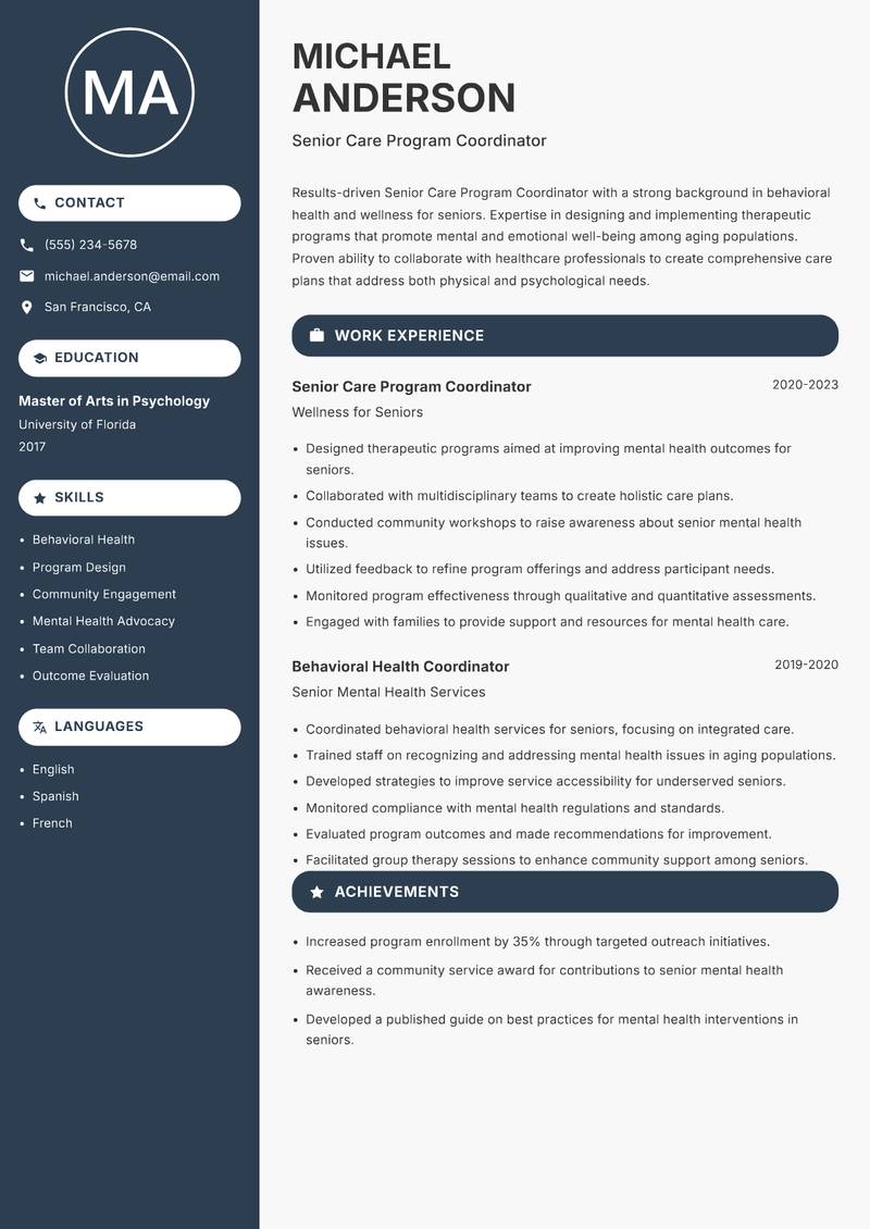 Senior Care Program Coordinator resume template — Compact