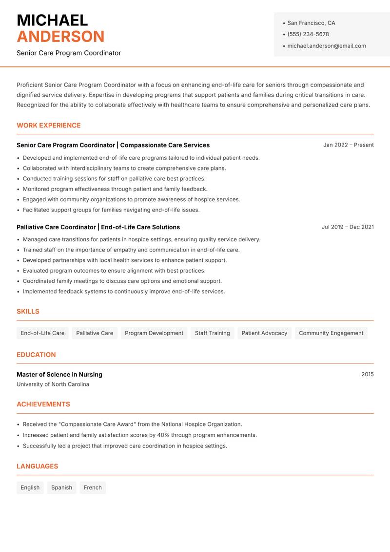 Senior Care Program Coordinator resume template — Modern Professional