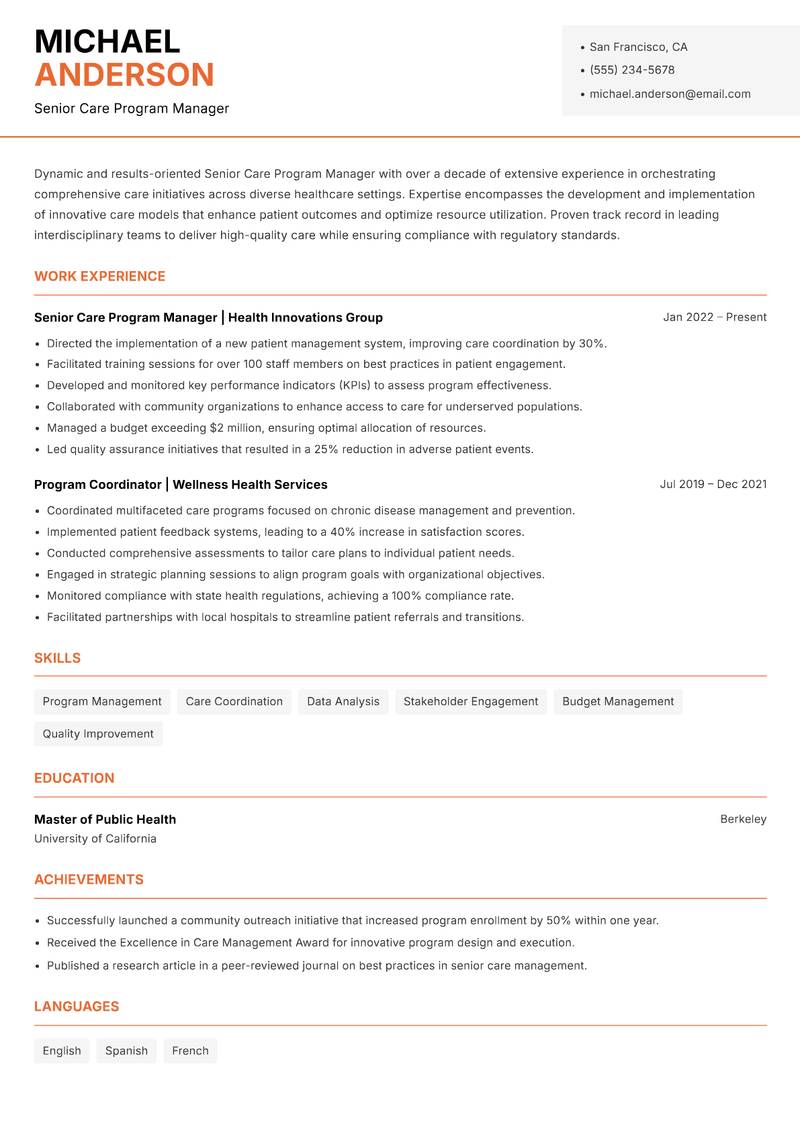 Senior Care Program Manager resume template — Modern Professional