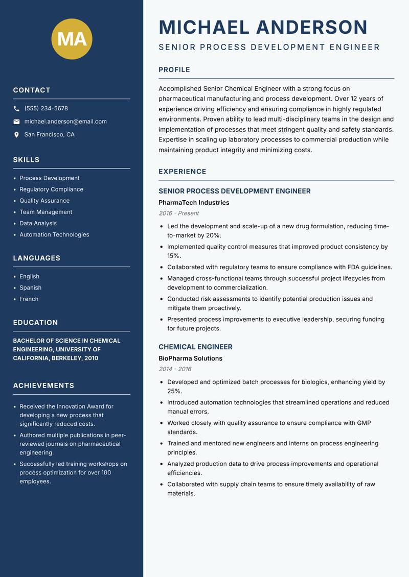 Senior Chemical Engineer resume template — Classic Clean