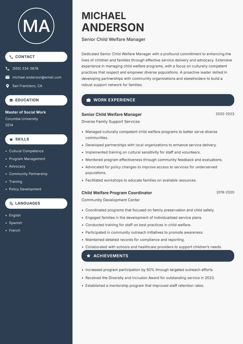 Senior Child Welfare Manager resume template — Compact