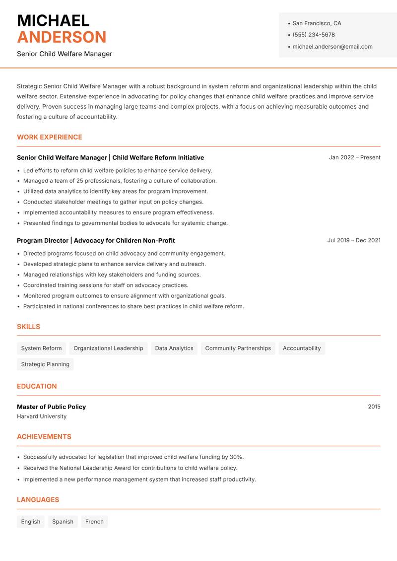 Senior Child Welfare Manager resume template — Modern Professional