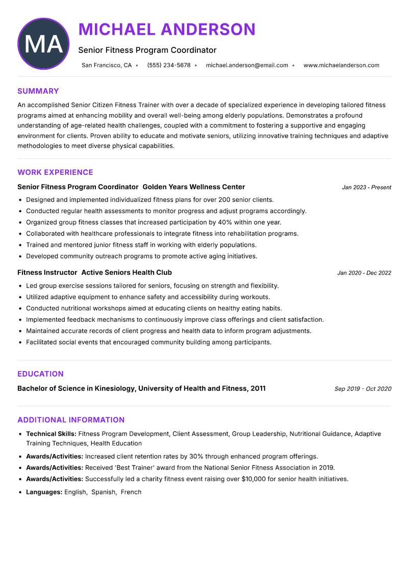 Senior Citizen Fitness Trainer resume example — ATS-friendly template
