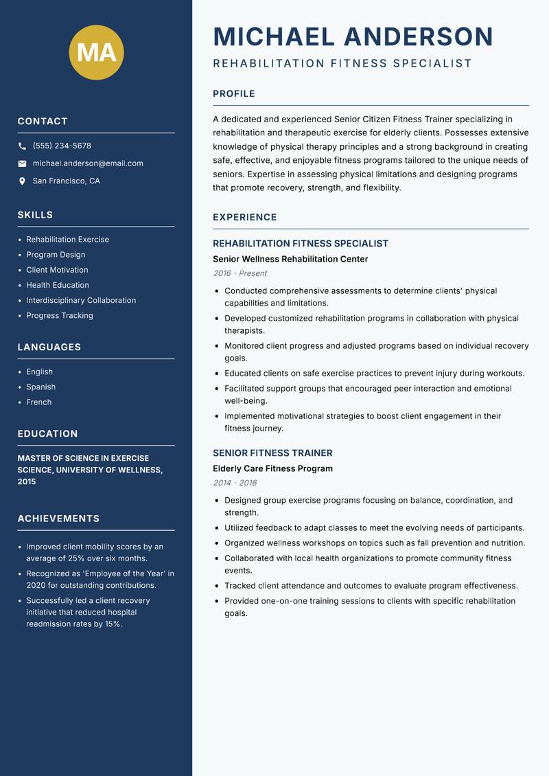Senior Citizen Fitness Trainer resume template — Classic Clean