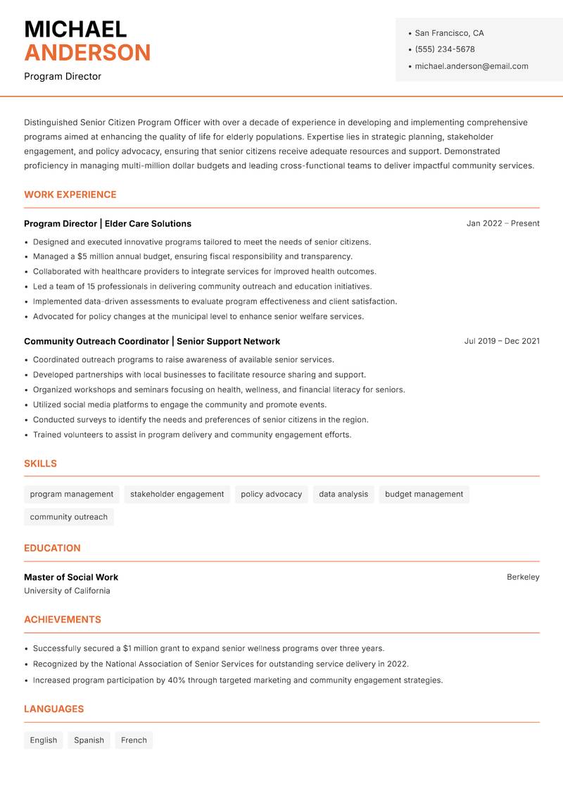 Senior Citizen Program Officer resume template — Modern Professional