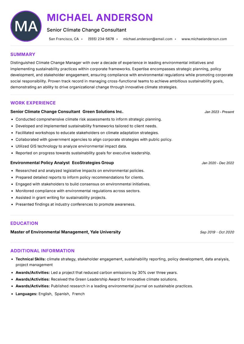 Senior Climate Change Manager resume example — ATS-friendly template
