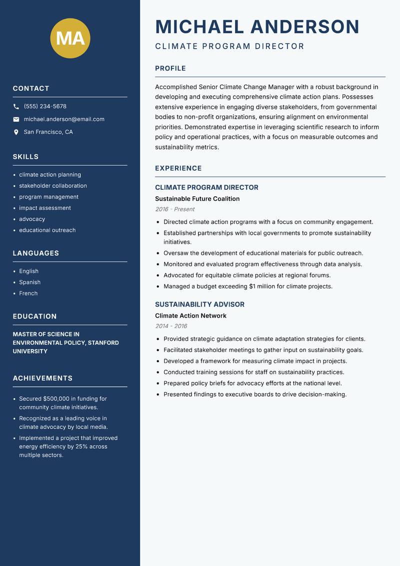 Senior Climate Change Manager resume template — Classic Clean