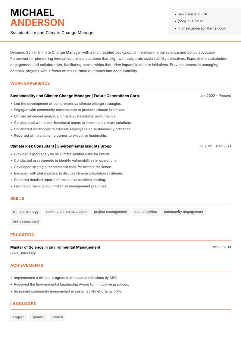 Senior Climate Change Manager resume template — Modern Professional