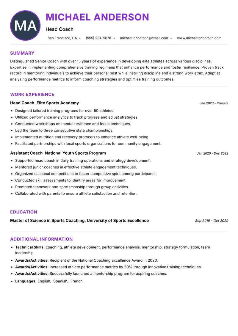 Senior Coach resume example — ATS-friendly template