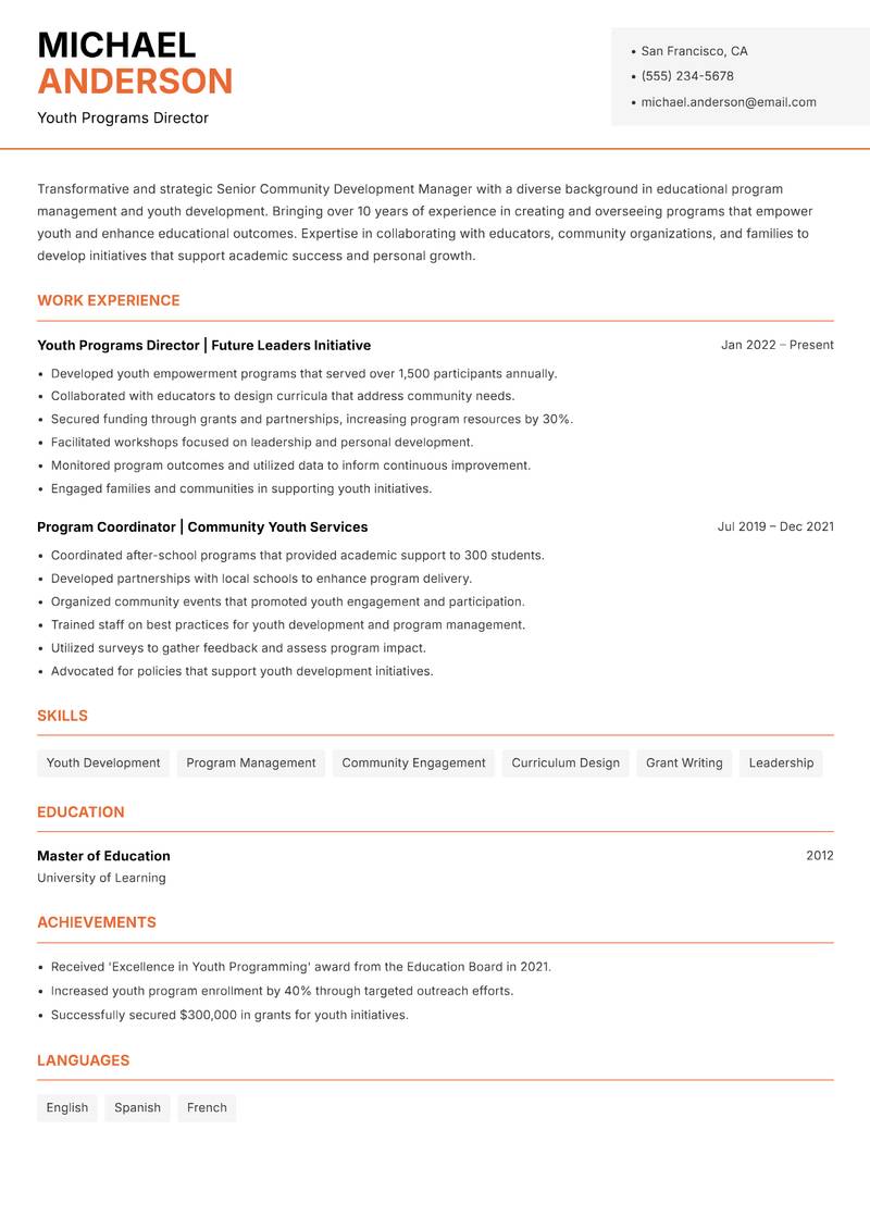 Senior Community Development Manager resume template — Modern Professional