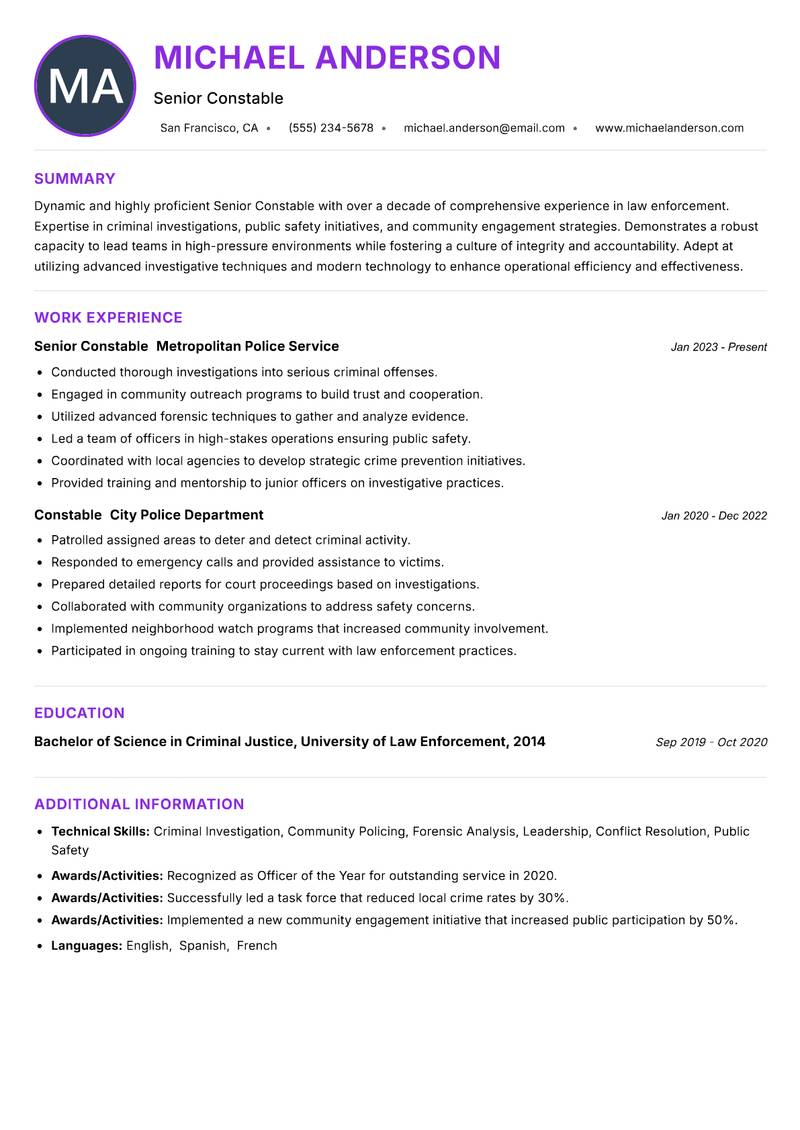 Senior Constable resume example — ATS-friendly template