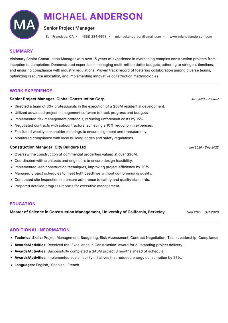 Senior Construction Manager resume example — ATS-friendly template
