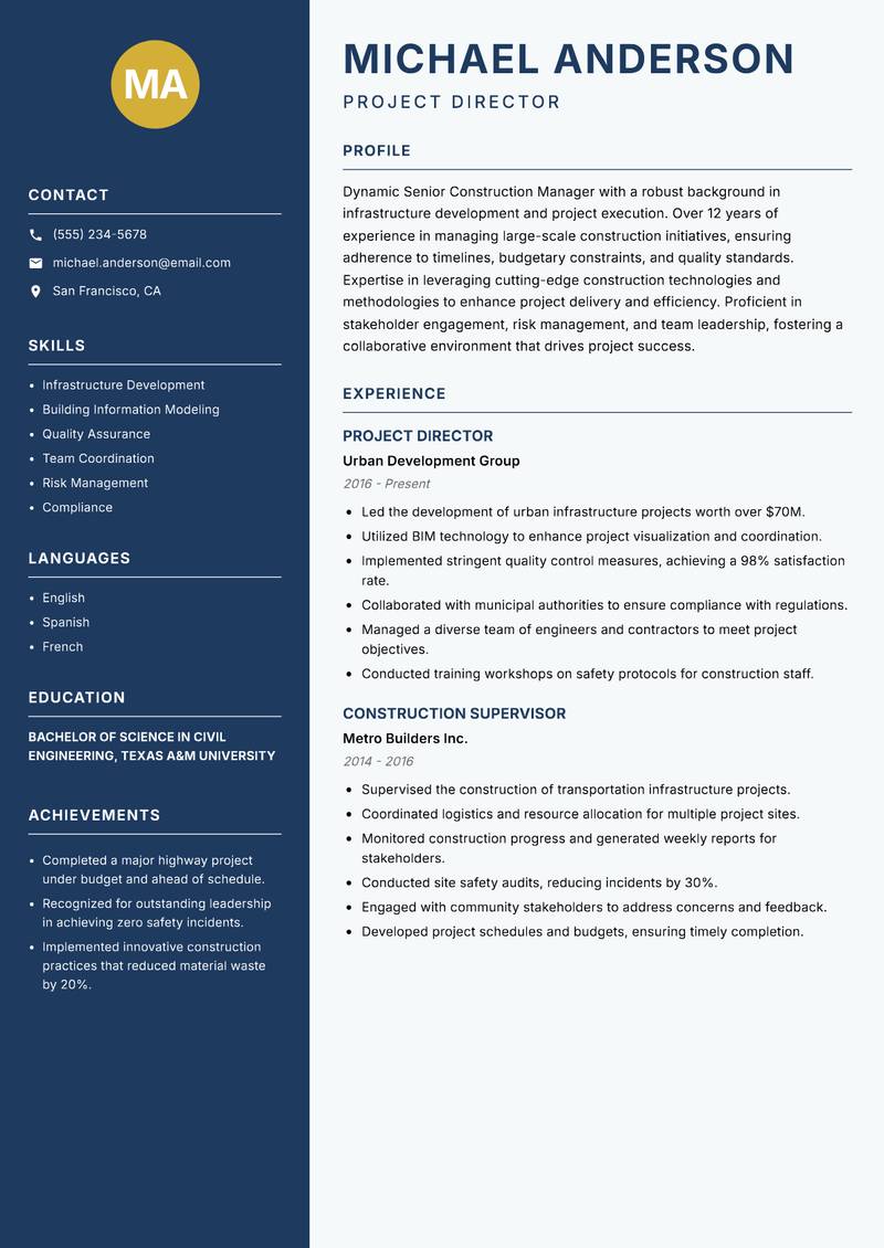 Senior Construction Manager resume template — Classic Clean