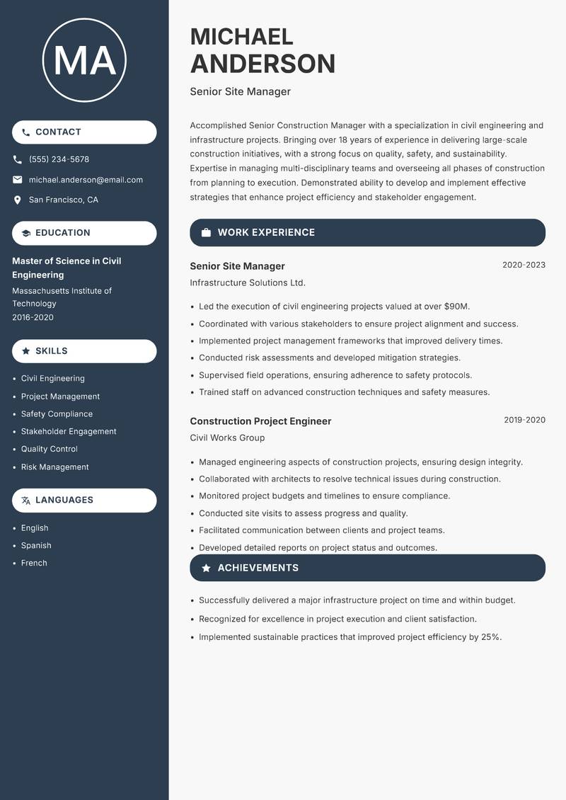 Senior Construction Manager resume template — Compact