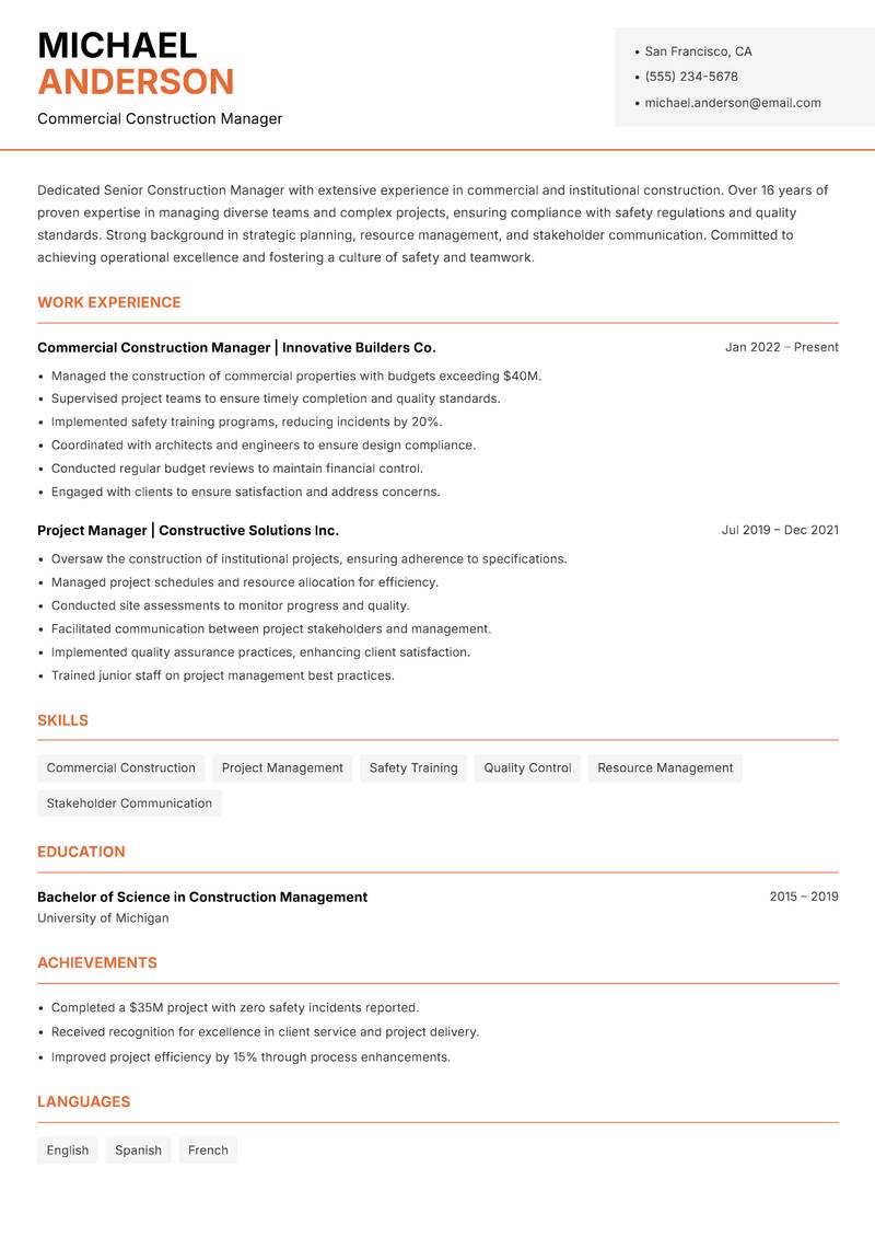 Senior Construction Manager resume template — Modern Professional