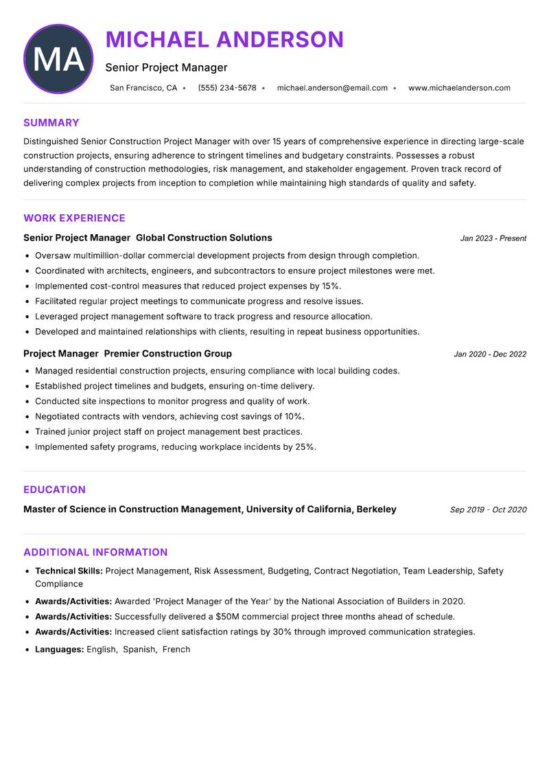 Senior Construction Project Manager resume example — ATS-friendly template