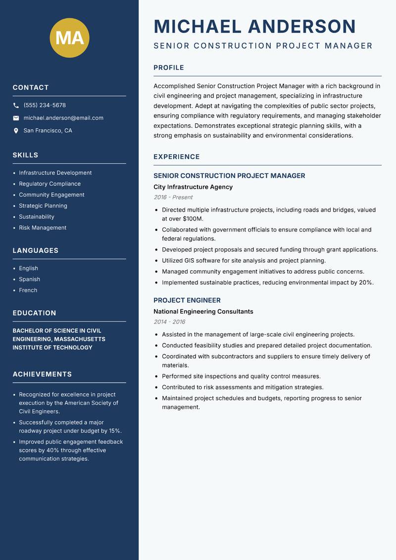 Senior Construction Project Manager resume template — Classic Clean