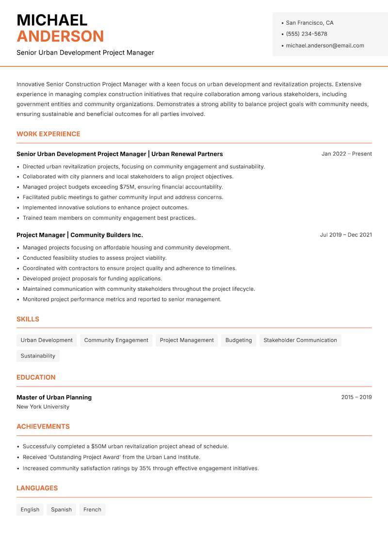 Senior Construction Project Manager resume template — Modern Professional