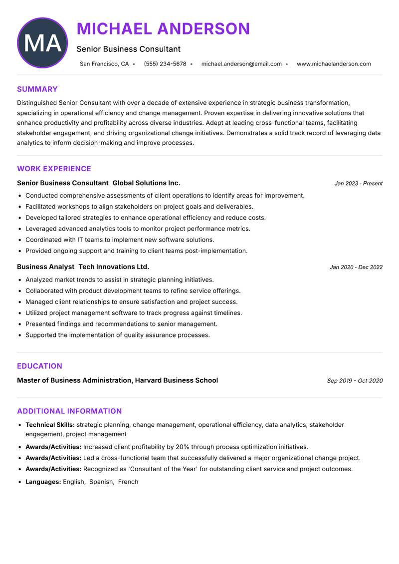 Senior Consultant resume example — ATS-friendly template