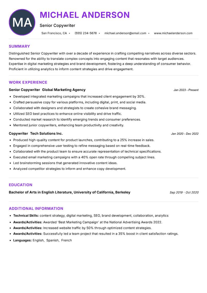Senior Copywriter resume example — ATS-friendly template