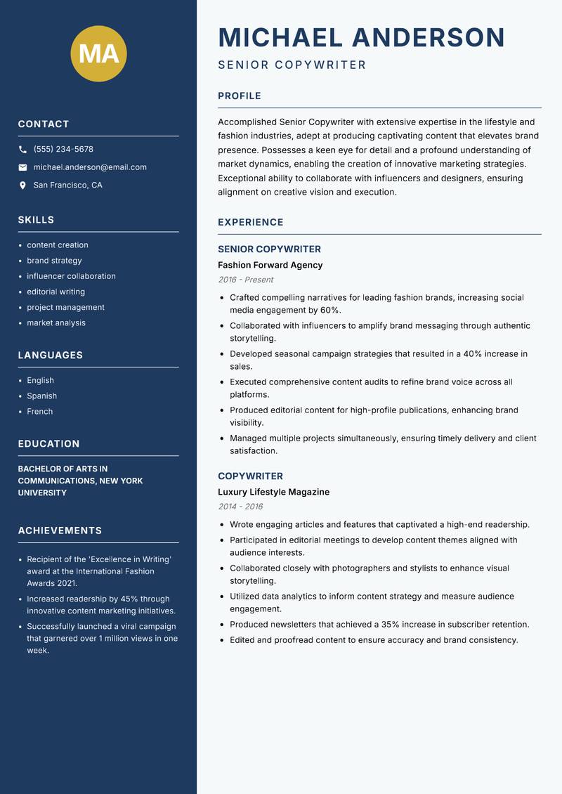 Senior Copywriter resume template — Classic Clean