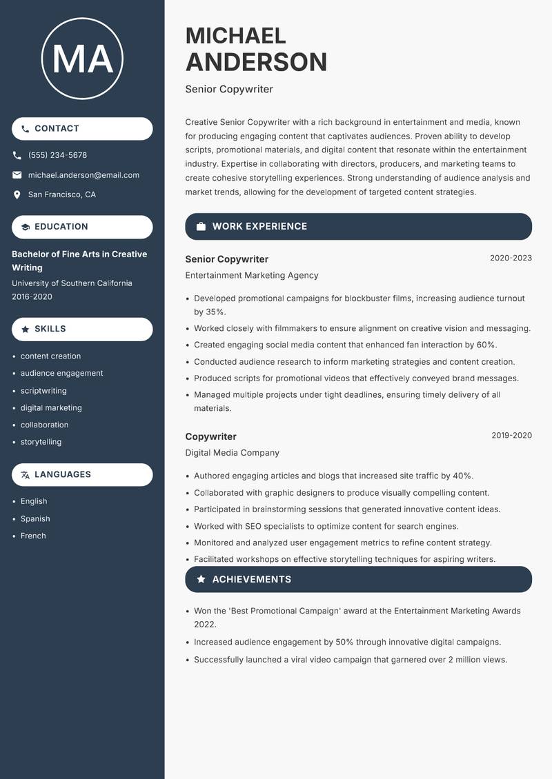 Senior Copywriter resume template — Compact