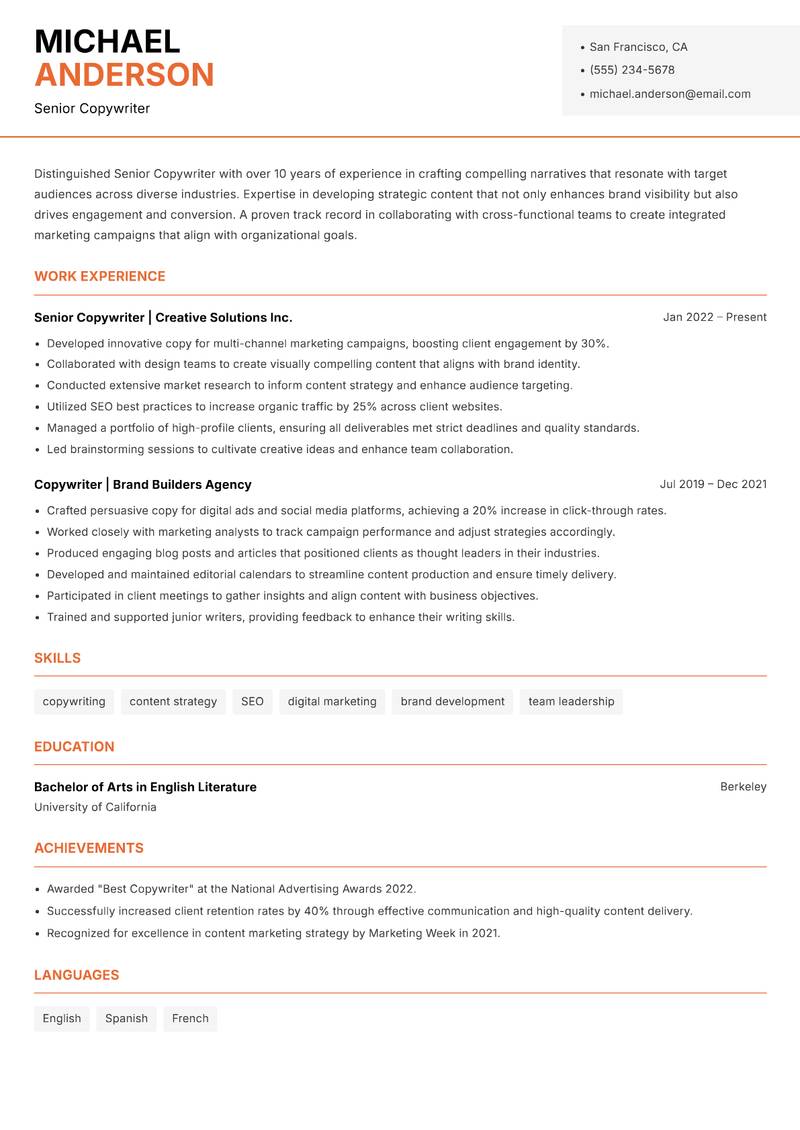 Senior Copywriter resume template — Modern Professional