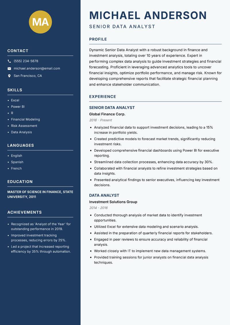 Senior Data Analyst resume template — Classic Clean