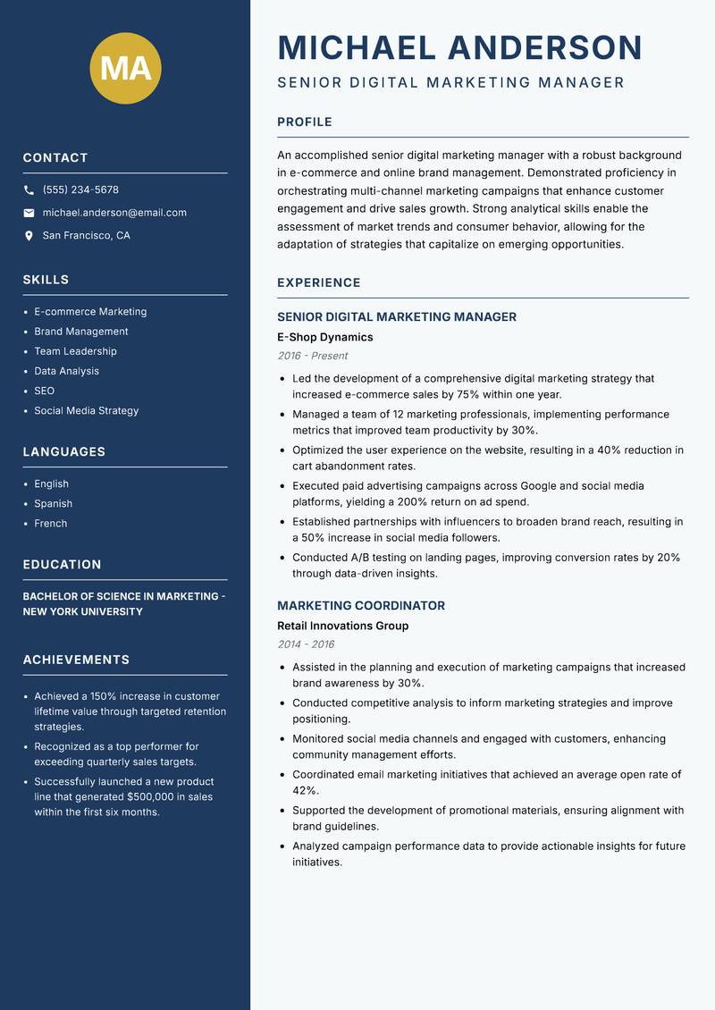 Senior Digital Marketing Manager resume template — Classic Clean