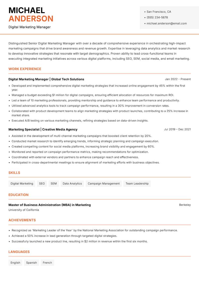 Senior Digital Marketing Manager resume template — Modern Professional