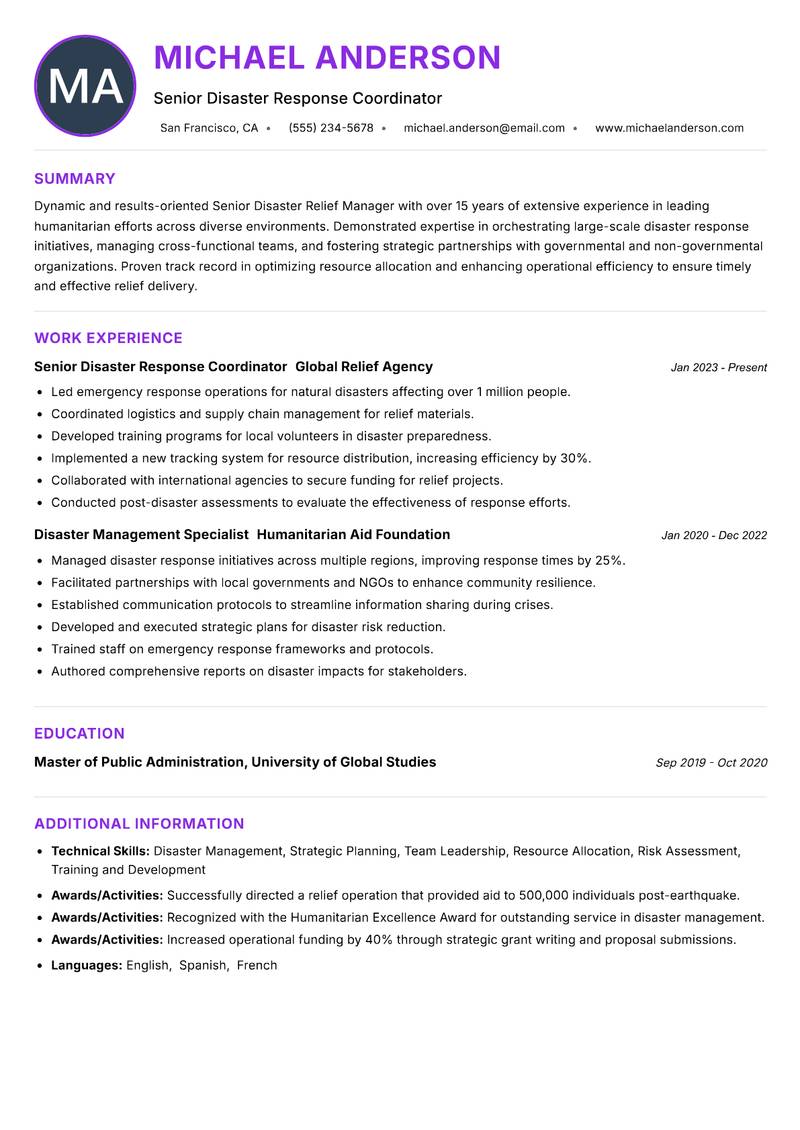 Senior Disaster Relief Manager resume example — ATS-friendly template