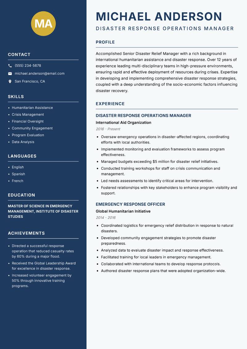Senior Disaster Relief Manager resume template — Classic Clean