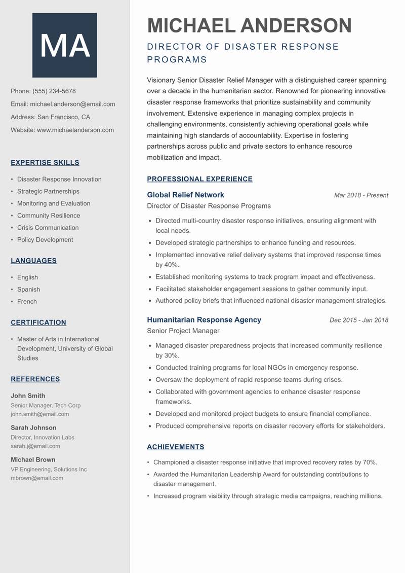 Senior Disaster Relief Manager resume template — Creative Minimal