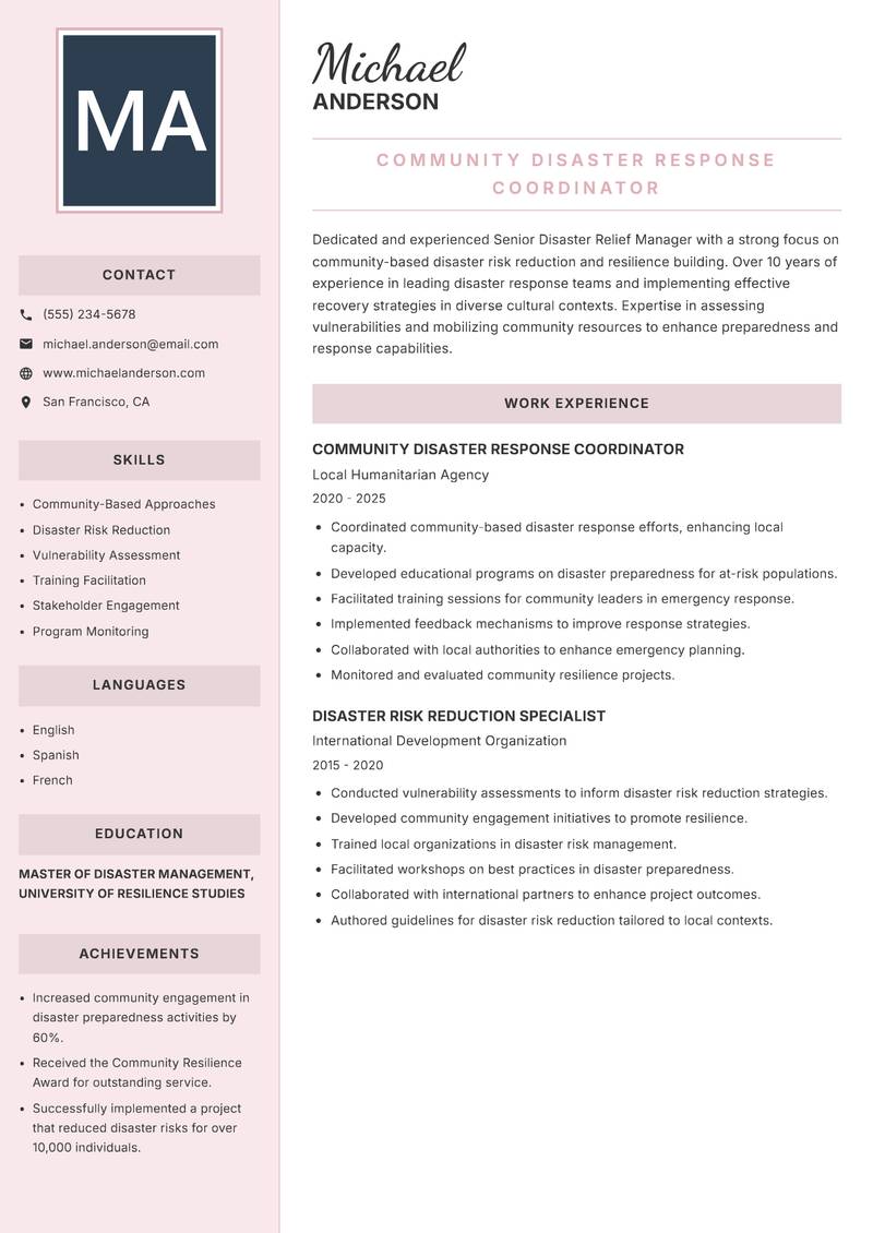 Senior Disaster Relief Manager resume template — Executive