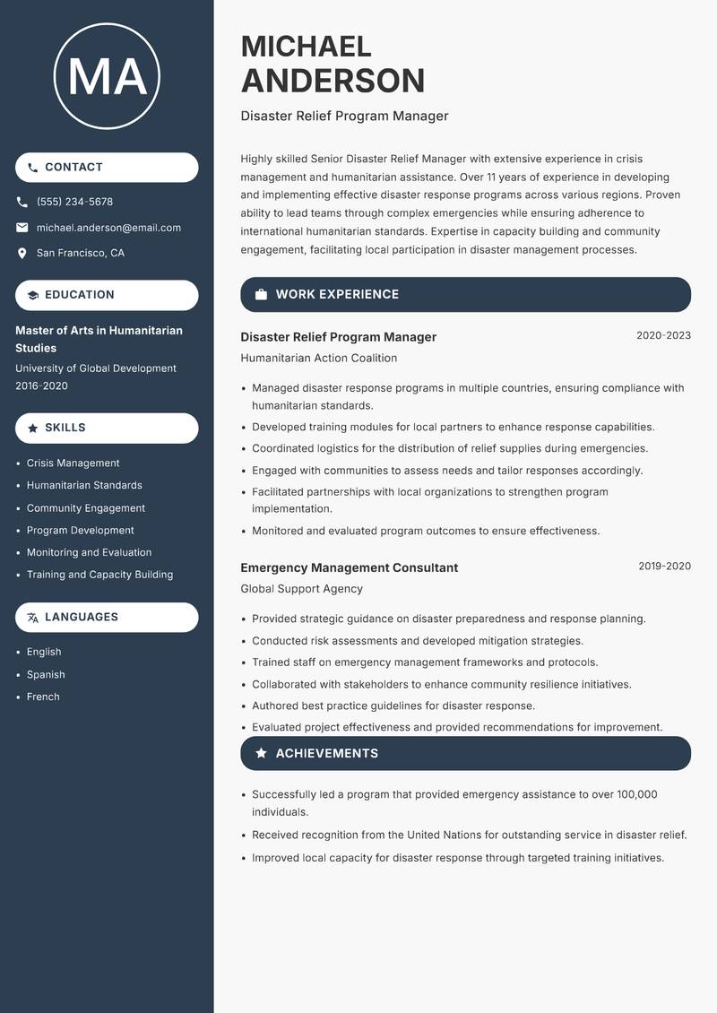 Senior Disaster Relief Manager resume template — Compact